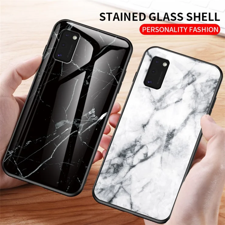 Marble Pattern Tempered Glass Case PC TPU Hybrid Shell for Samsung Galaxy A41 (Global Version) - White
