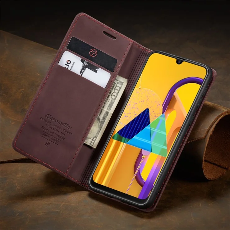CASEME 013 Series Auto-absorbed Leather with Wallet Shell for Samsung Galaxy M30s/M21 - Wine Red
