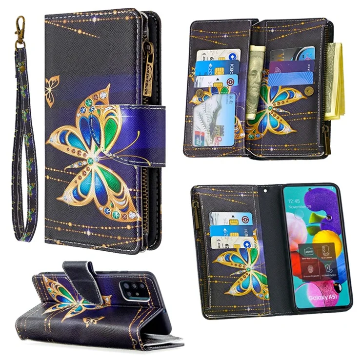 BF03 Pattern Printing Leather Mobile Case with Zipper Wallet for Samsung Galaxy A51 SM-A515 - Diamante Butterfly