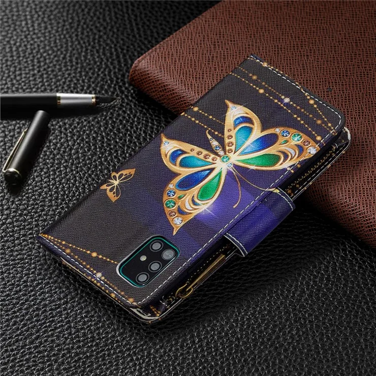 BF03 Pattern Printing Leather Mobile Case with Zipper Wallet for Samsung Galaxy A51 SM-A515 - Diamante Butterfly