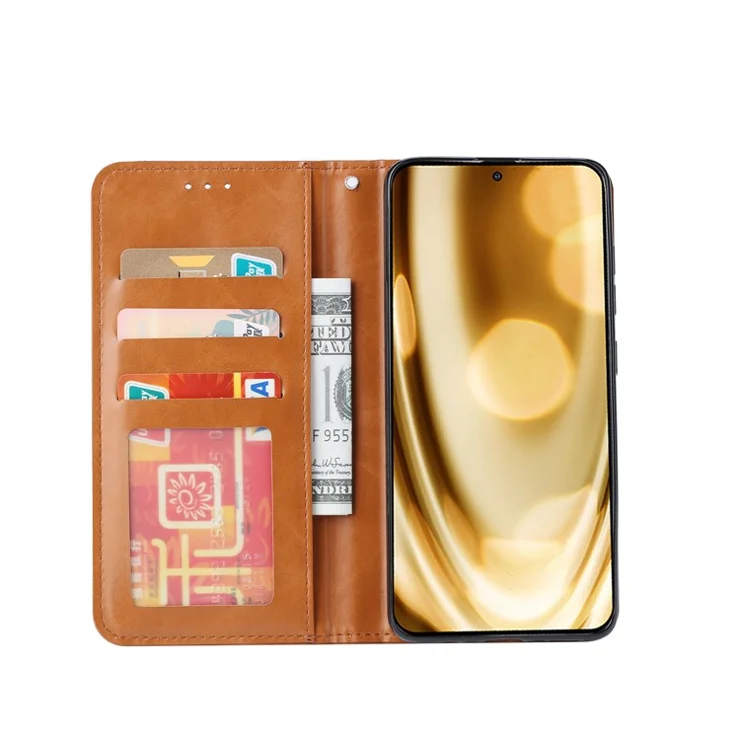 Auto-absorbed PU Leather Stand Wallet Phone Shell for Samsung Galaxy Note 20/Note 20 5G - Light Brown