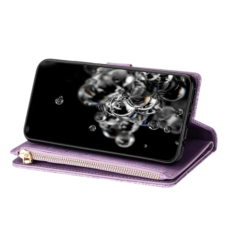 Glittery Starry Style Laser Carving Zipper Leather Case for Samsung Galaxy Note20 Ultra/Note20 Ultra 5G- Purple