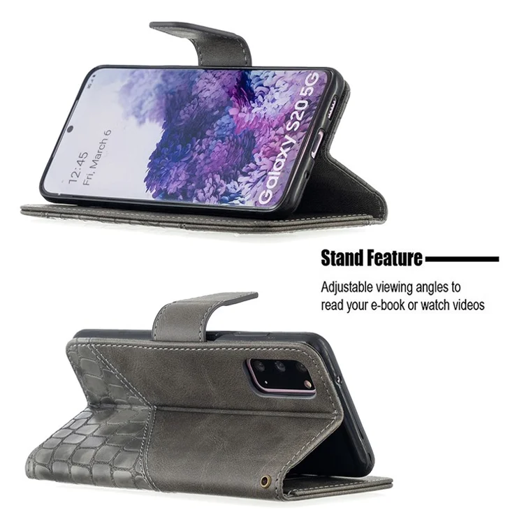 Crocodile Skin Assorted Color Style Leather Wallet Case for Samsung Galaxy S20 4G/S20 5G - Grey