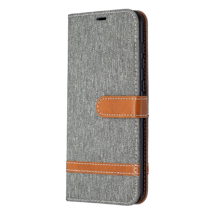 Color Splicing Jeans Cloth Surface ith Wallet Leather Cover for Samsung Galaxy A21s - Grey