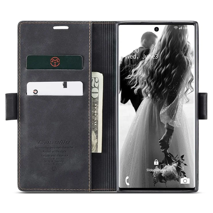 CASEME 013 Series Simplicity Auto-absorbed Leather Wallet Case for Samsung Galaxy Note20 Ultra/Note20 Ultra 5G - Black