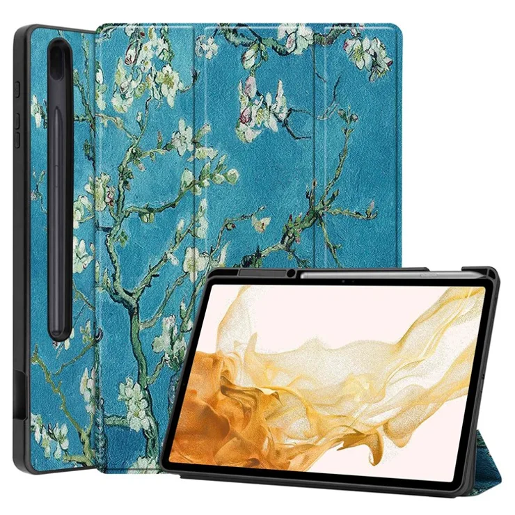 Pattern Printing PU Leather Tri-fold Stand Tablet Case for Samsung Galaxy Tab S7+ T970 / S8+ - Peach Blossom