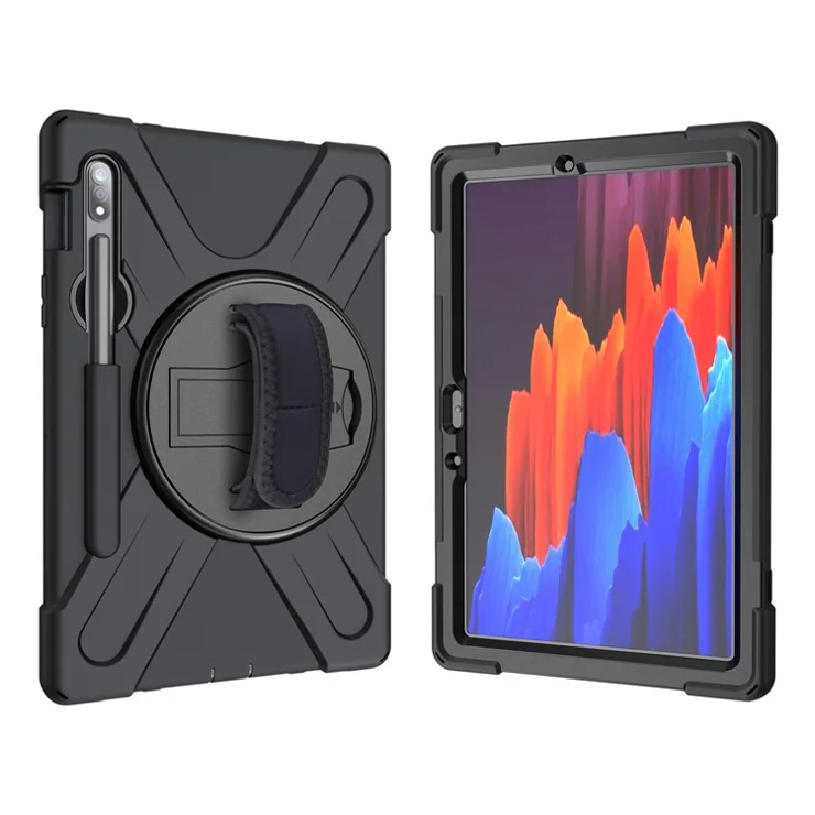 For Samsung Galaxy Tab S7 T870 T875 / S8 X700 / S9 X710 / S9 FE X510 360° Swivel Kickstand PC + Silicone Tablet Case - Black