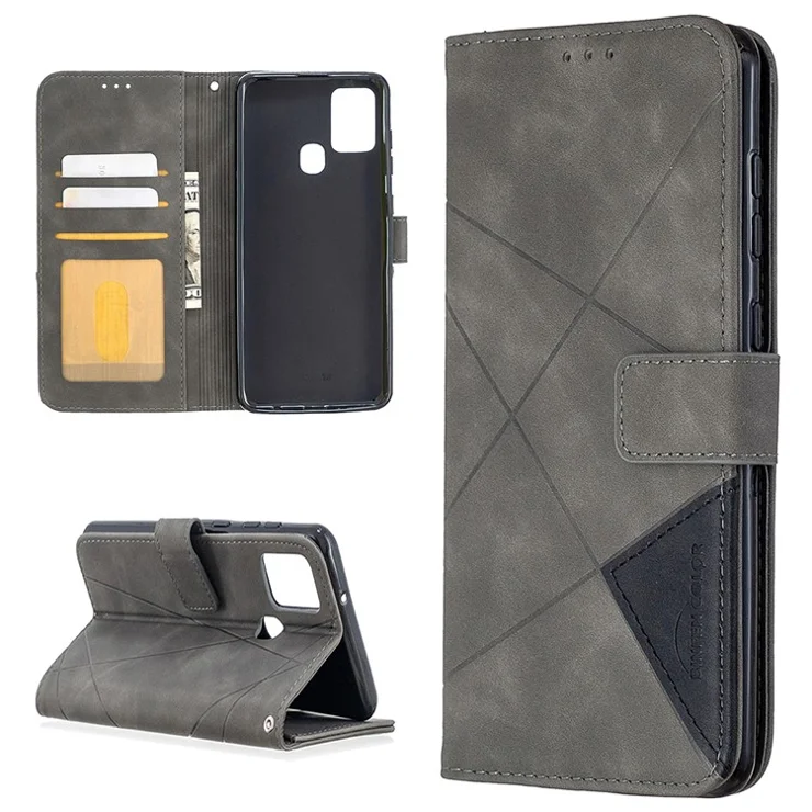BINFEN COLOR For Samsung Galaxy A21s Phone Cases Wallet Stand Geometry Imprinted Leather Cover - Grey