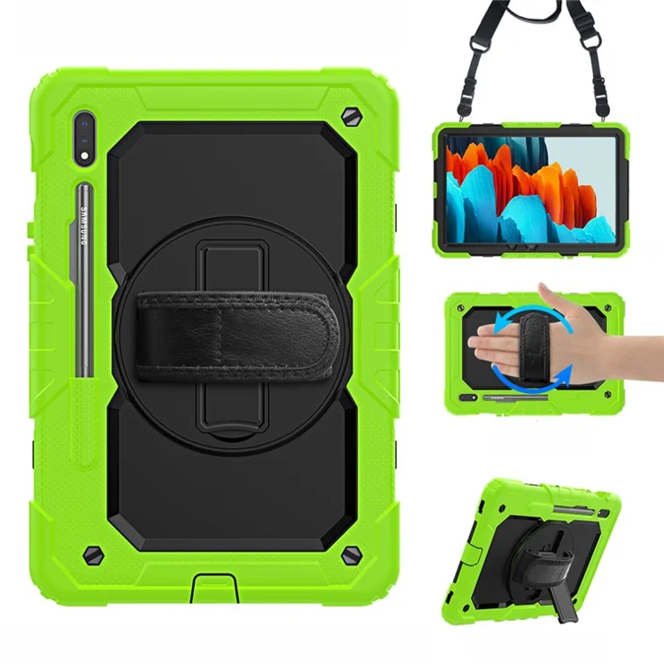For Samsung Galaxy Tab S7 / S8 [Built-in Hand Holder Strap] 360° Swivel Kickstand PC + Silicone Tablet Hybrid Shell with Shoulder Strap and Pen Slot - Black Inner Shell / Green