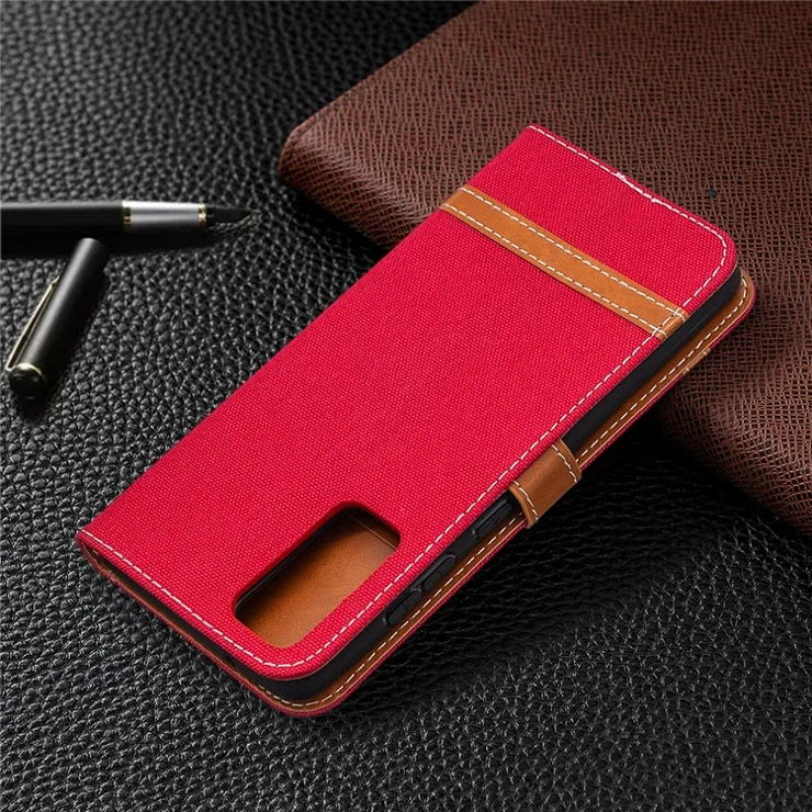 Color Splicing Jeans Cloth Skin Wallet Leather Phone Cover Case for Samsung Galaxy S20 FE 4G/FE 5G/S20 Lite/S20 FE 2022 - Red