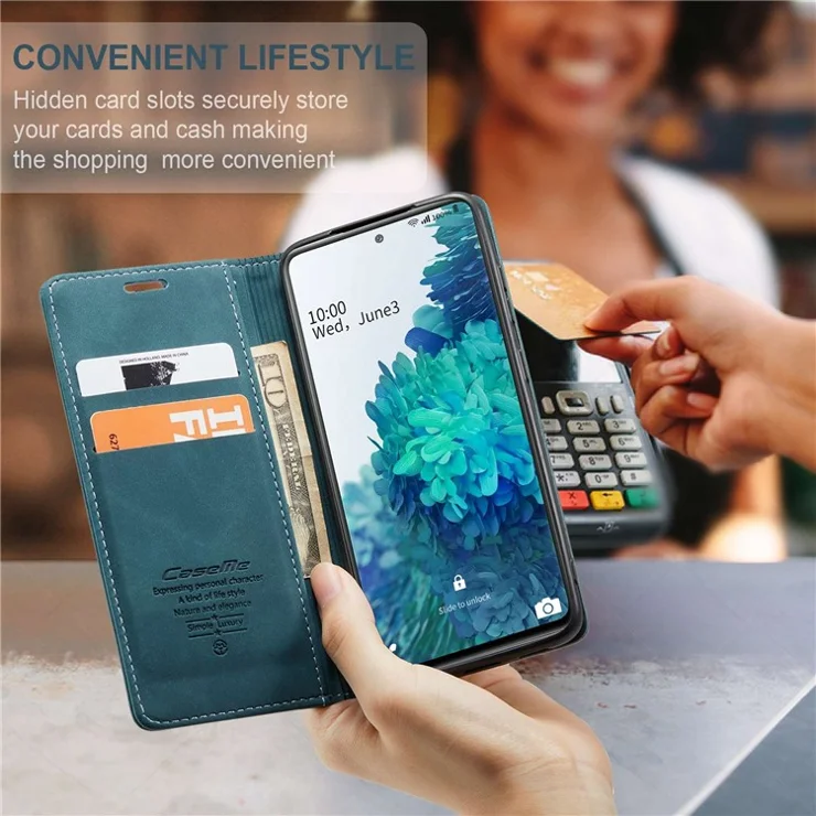 CASEME 013 Series Auto-absorbed Leather Folio Flip Stand Wallet Case for Samsung Galaxy S20 FE 4G/FE 5G/S20 Lite/S20 FE 2022/S20 FE 2022 - Blue