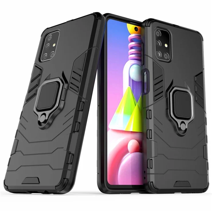 PC TPU Hybrid Case for Samsung Galaxy M51 Cool Guard Ring Holder Kickstand Cover - Black
