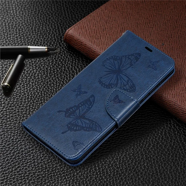 Imprint Butterflies with Wallet Leather Cover for Samsung Galaxy A42 5G - Dark Blue