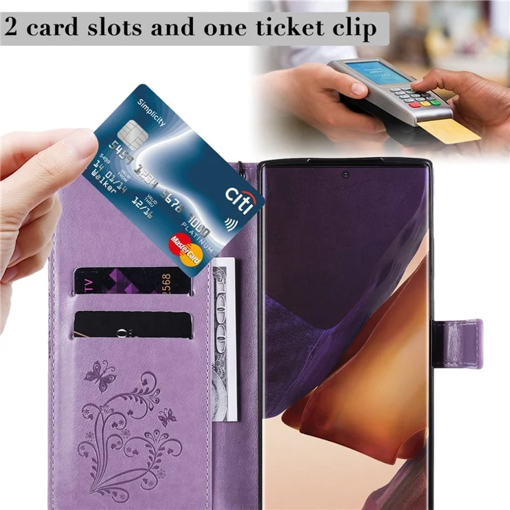 For Samsung Galaxy Note 20 Ultra / Note 20 Ultra 5G Wallet Case Floral Butterfly Imprinted Leather Phone Cover Stand - Purple