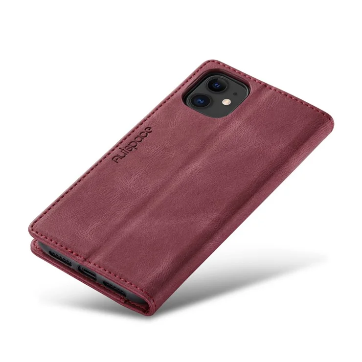 AUTSPACE A01 Series RFID Blocking Wallet Retro Matte Leather Phone Case for iPhone 11 6.1 inch - Red
