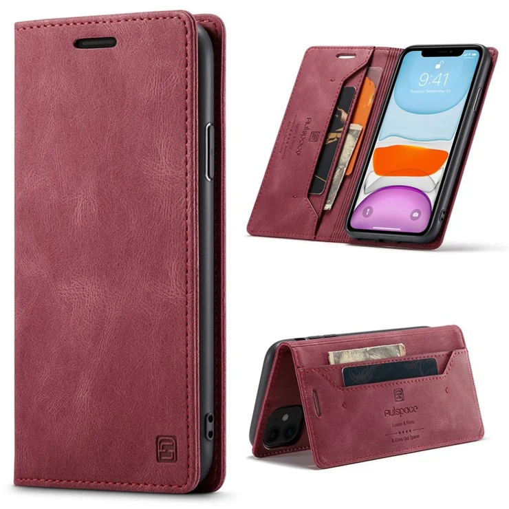 AUTSPACE A01 Series RFID Blocking Wallet Retro Matte Leather Phone Case for iPhone 11 6.1 inch - Red