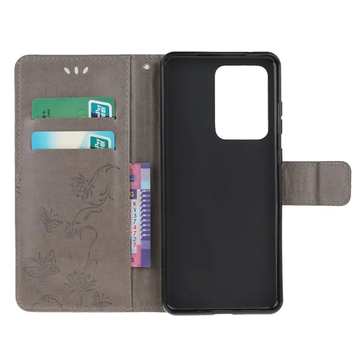 Butterfly Flowers Imprinting Leather Cover with Wallet and Case for Samsung Galaxy S21 Ultra 5G - Grey
