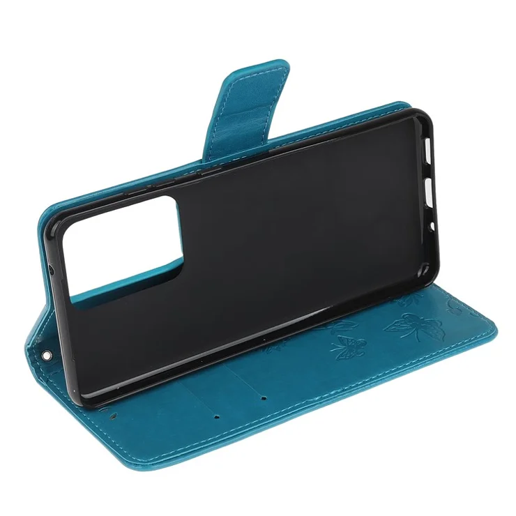 Butterfly Flowers Imprinting Leather Cover with Wallet and Case for Samsung Galaxy S21 Ultra 5G - Blue