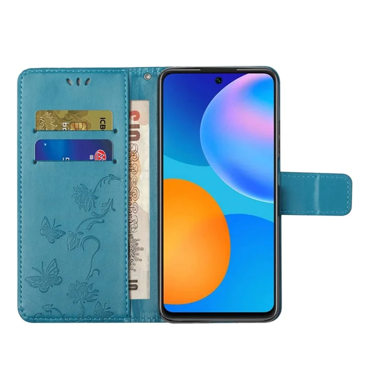 Imprint Butterfly Flowers Leather Shell for Samsung Galaxy S21 5G/S21 4G Wallet Phone Case - Blue