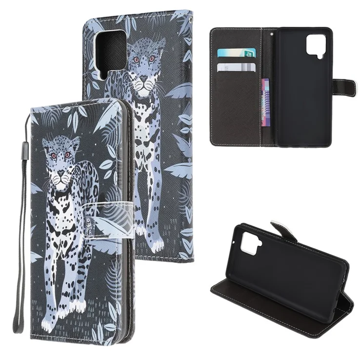 Pattern Printing Cross Texture Leather Wallet Phone Stand Protective Case for Samsung Galaxy A12 - Leopard