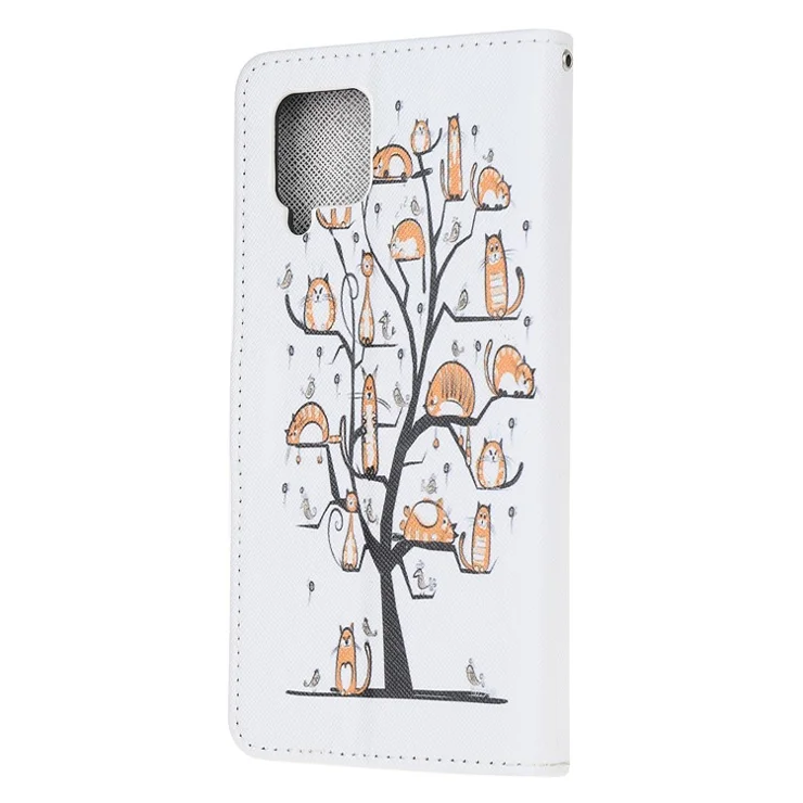 Pattern Printing Cross Texture Leather Wallet Phone Stand Protective Case for Samsung Galaxy A12 - Cats On The Tree