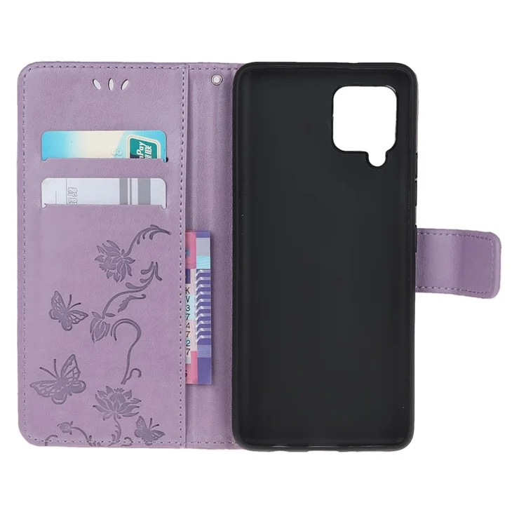 Imprint Butterfly Flowers Leather Wallet Phone Cover for Samsung Galaxy A12 Cell Phone Accessory - Purple