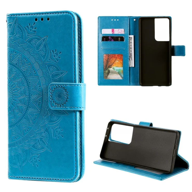 Imprinted Mandala Flower Wallet Leather Case for Samsung Galaxy S21 Ultra 5G Flip Cover - Blue