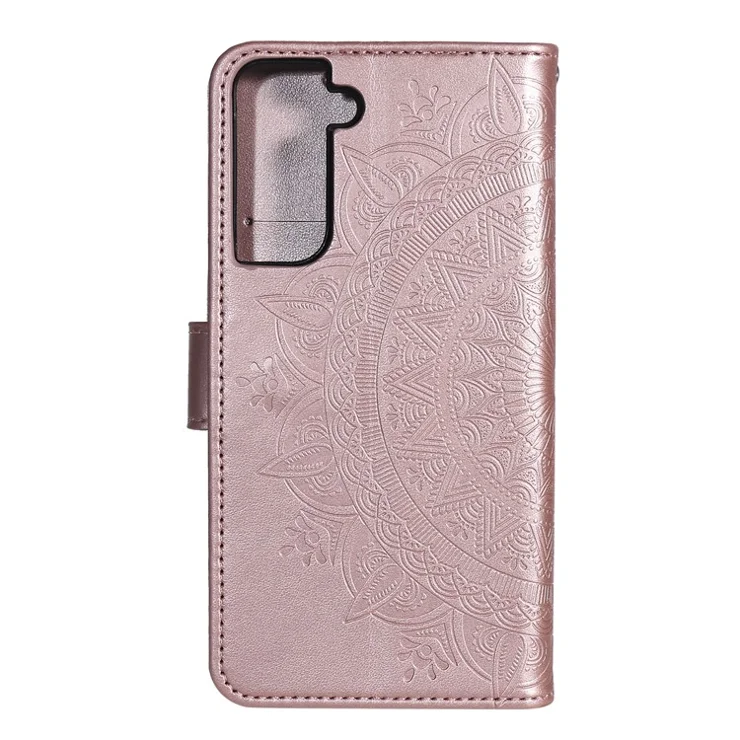 Imprinted Mandala Flower Wallet Leather Case for Samsung Galaxy S21 4G/5G Stand Flip Cover - Rose Gold