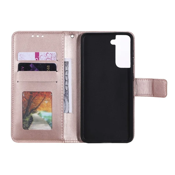 Imprinted Mandala Flower Wallet Leather Case for Samsung Galaxy S21 4G/5G Stand Flip Cover - Rose Gold