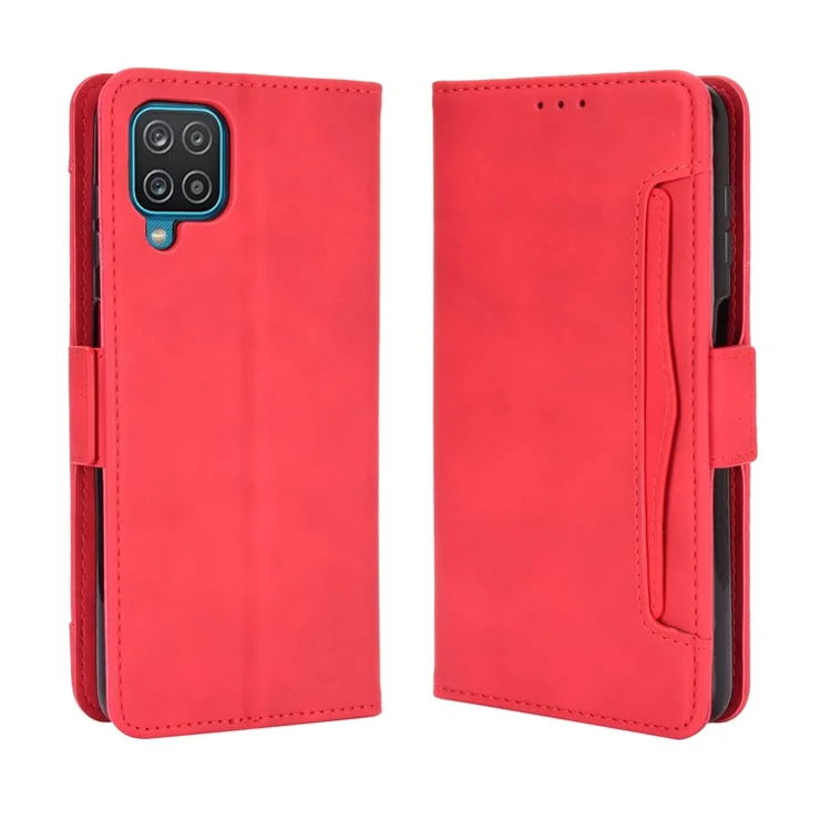 For Samsung Galaxy M12 / A12 Multiple Card Slots Protective Cover Stand Leather Case - Red