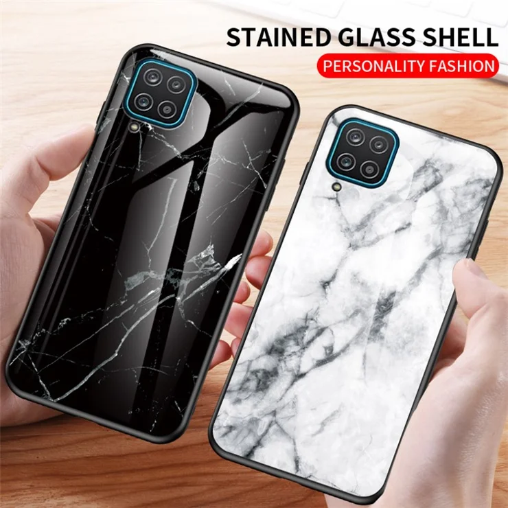 For Samsung Galaxy A12 Tempered Glass + PC + TPU Cell Phone Case Marble Patter Design Scratch Resistant Cover - White Marble