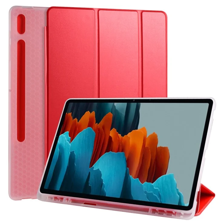 Tri-fold Stand Leather Smart Case with Pen Slot for Samsung Galaxy Tab S7+ / S8+ - Red