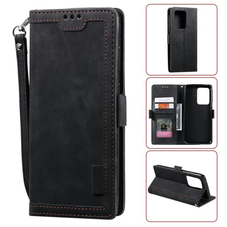 Retro Style Splicing Leather Cover for Samsung Galaxy S21 Ultra 5G Stand Case with Lanyard - Black