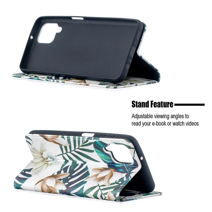Auto-absorbed Stylish Patterned PU Leather Wallet Case for Samsung Galaxy A12 - Leaf and Flower