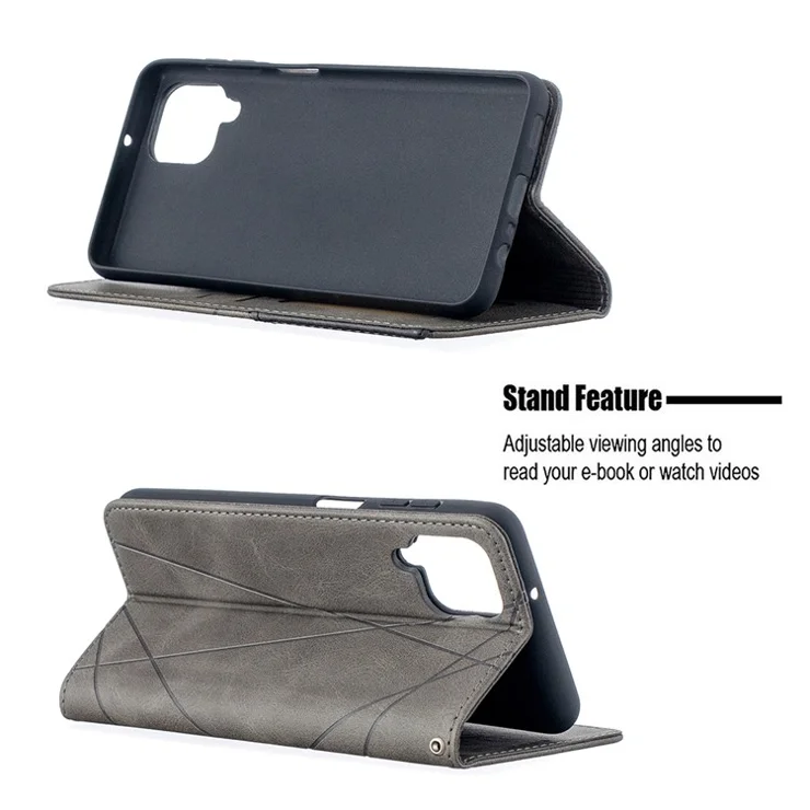 For Samsung Galaxy A12 Geometric Pattern Leather Stand Case Card Holder Shell - Grey