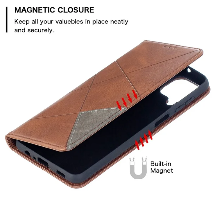For Samsung Galaxy A12 Geometric Pattern Leather Stand Case Card Holder Shell - Brown