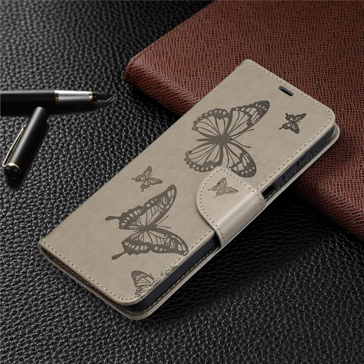 Imprint Butterflies Wallet Stand Flip Leather Phone Cover for Samsung Galaxy A12 - Grey