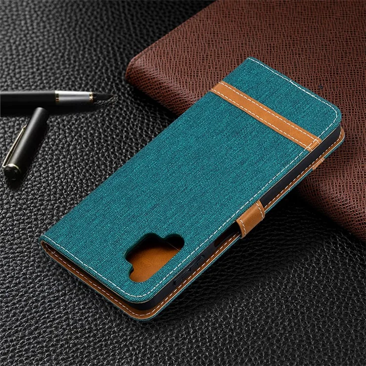 Case for Samsung Galaxy A32 5G / M32 5G Color Splicing Jeans Cloth Surface Wallet Leather Phone Cover - Green
