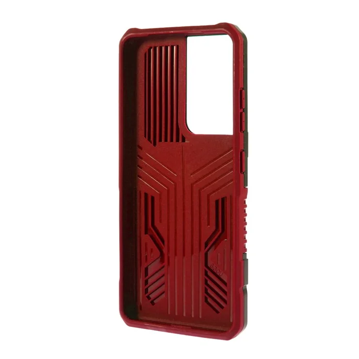 Plastic + TPU + Metal Hybrid Protector for Samsung Galaxy S21 Ultra 5G Case with Kickstand - Red