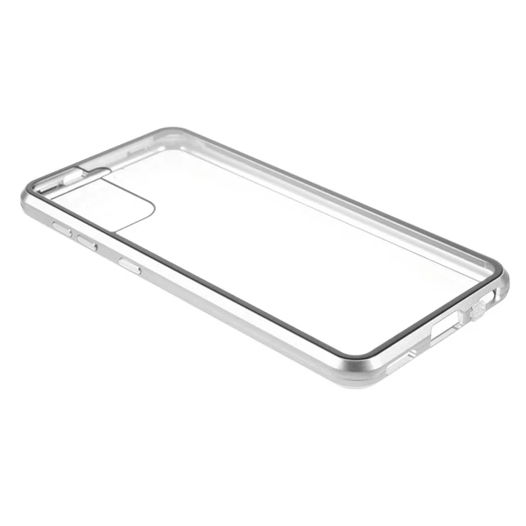 Metal Frame Magnetic + Lock Installation with Double Side Tempered Glass Case (no Fingerprint Function but with Face Recognition Function) for Samsung Galaxy S21 4G/5G- Silver