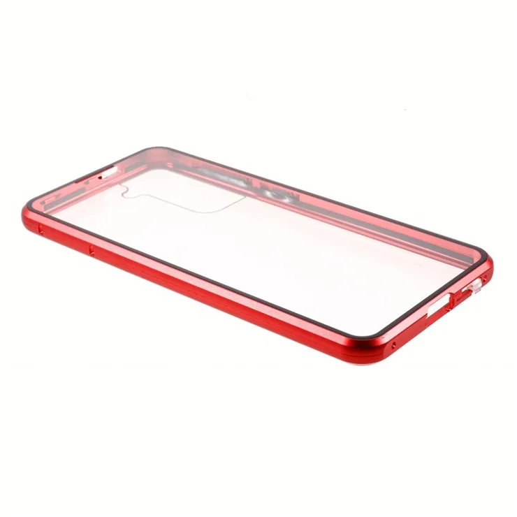 Metal Frame with Double Side Tempered Glass Case (No Fingerprint Function but with Face Recognition Function) by Magnetic + Lock Installation for Samsung Galaxy S21+ 5G - Red
