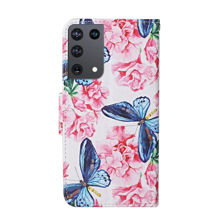 PU Leather Wallet Stand Phone Case for Samsung Galaxy S21 Ultra 5G - Blue Butterfly