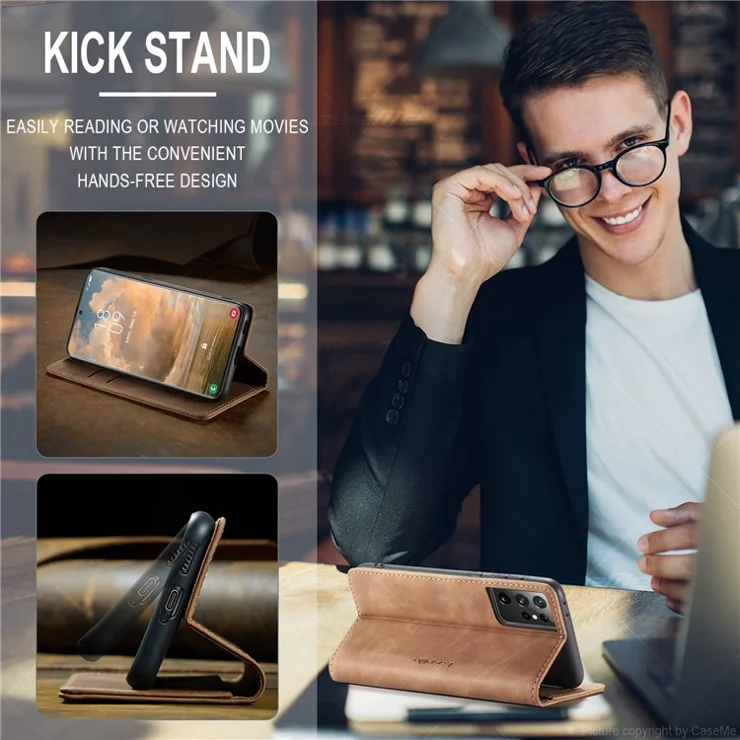 CASEME 013 Series Magnetic Clasp Stand Wallet Leather Shell for Samsung Galaxy S21 Ultra 5G - Brown