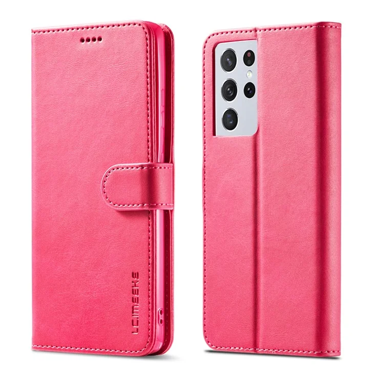 LC.IMEEKE for Samsung Galaxy S21 Ultra 5G Adjustable Stand Protective Leather Wallet Design Case - Rose