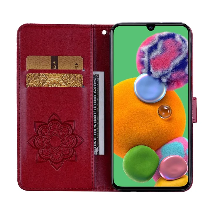 Imprint Flower Owl Pattern Stand Phone Leather Wallet Cover for Samsung Galaxy A12 - Red