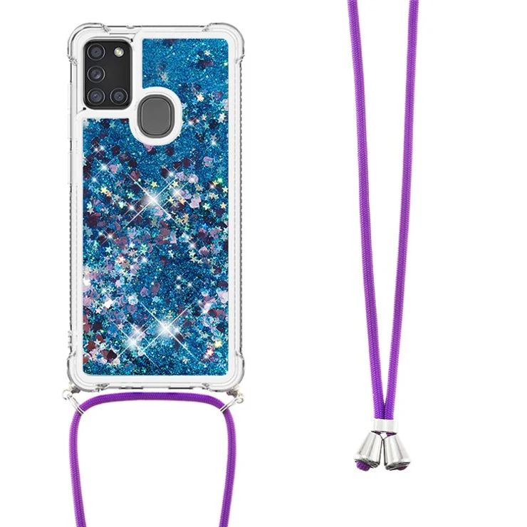 TPU Quicksand Design Phone Protective Cover with Lanyard for Samsung Galaxy A21s - Blue