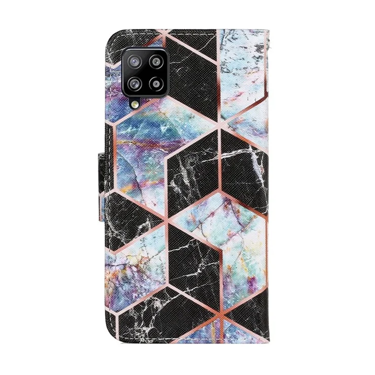 Pattern Printing TPU + PU Leather Wallet Stand Phone Case with Lanyard for Samsung Galaxy A12 - Black and White Marbling