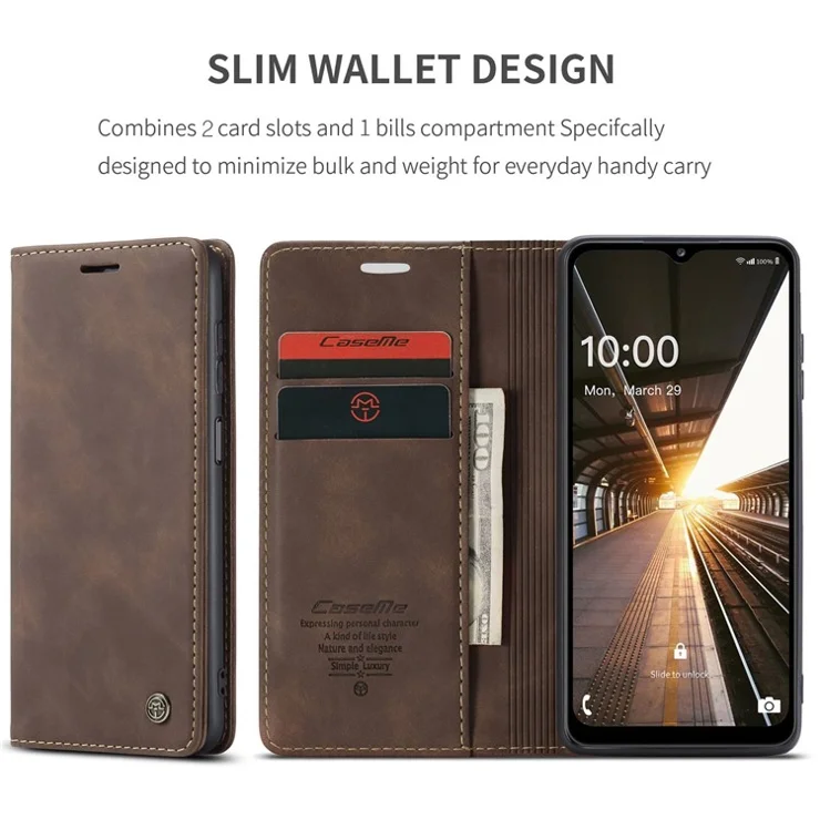 CASEME 013 Series Simple Design Automatic Suction Leather Wallet Case for Samsung Galaxy A32 5G/M32 5G - Coffee