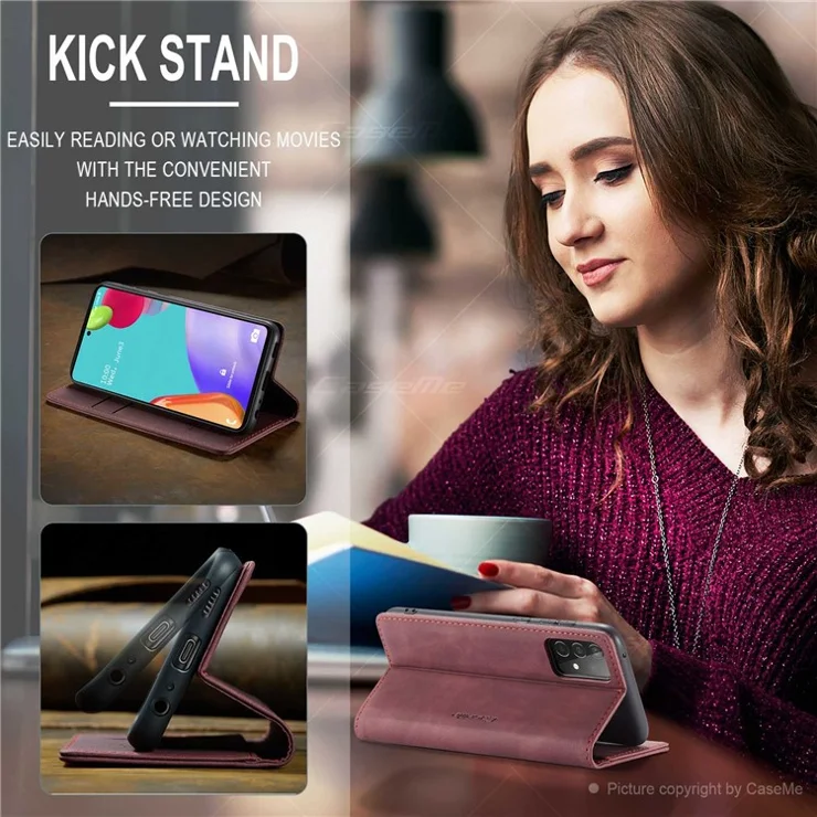 CASEME 013 Series Auto-absorbed Leather Wallet Stand Case Shell for Samsung Galaxy A52 5G/4G / A52s 5G - Wine Red
