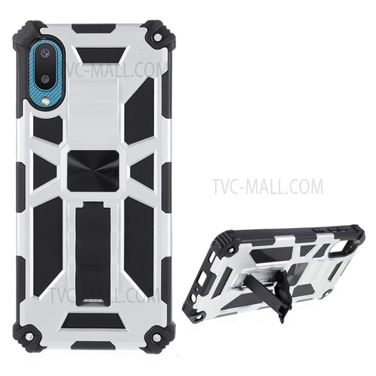 Armor Shockproof Kickstand PC TPU Phone Case with Magnetic Metal Sheet for Samsung Galaxy A02/M02 - Silver